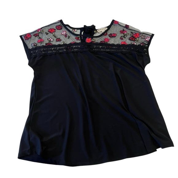 Y2K Faith & Joy Black Mesh Floral Sleeve Top Blouse whimsical goth feminine 90s - Picture 3 of 8